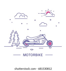 Vector linear style illustration with vehicles. Motorbyke. 