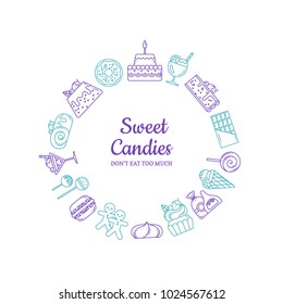 Vector linear style sweets icons in form of circle with place for text in center illustration