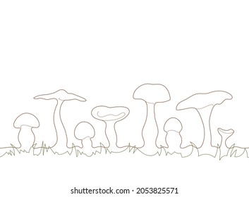 Vector linear stylized drawing of forest edible mushrooms with grass. Floral border ornament from mushrooms and grass. One line drawing sketch of mushrooms