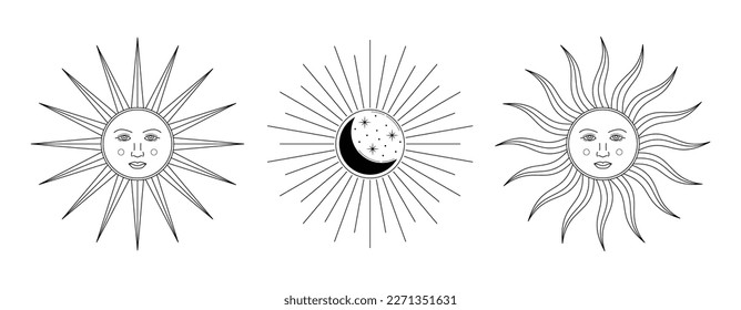 Vector linear sun faces vintage design. Isolated outline sun and crescent on white background