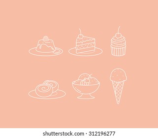 Vector linear sweet desserts, ice cream and cakes icon set