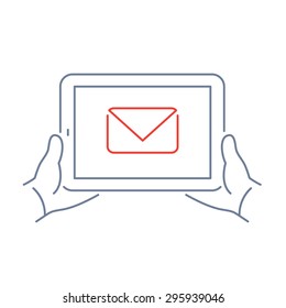Vector linear tablet icon with email envelope on touch screen | flat design thin line blue and red modern illustration and infographic isolated on white background