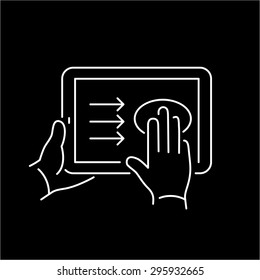 Vector linear tablet icon with three fingers gesture swipe from left to right on touch screen | flat design thin line white modern illustration and infographic isolated on black background