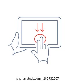 Vector linear tablet icon with two fingers gesture swipe from up to down on touch screen | flat design thin line blue and red modern illustration and infographic isolated on white background