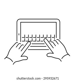Vector linear tablet icon with two hands writing on touch screen with fingers gesture | flat design thin black modern illustration and infographic isolated on white background