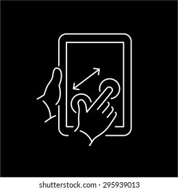 Vector linear tablet icon with two fingers gesture pinch on touch screen | flat design thin line white modern illustration and infographic isolated on black background