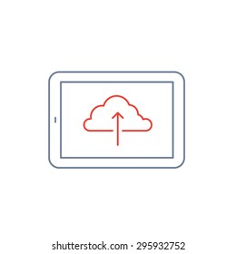 Vector linear tablet icon with upload backup to cloud | flat design thin line blue and red modern illustration and infographic isolated on white background