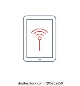 Vector linear tablet icon with wifi signal | flat design thin line blue and red modern illustration and infographic isolated on white background