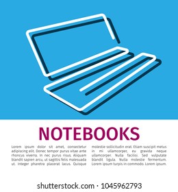 Vector linear thin simple design with open laptop on a bright blue background with place for text. Modern stylish flat booklet template.