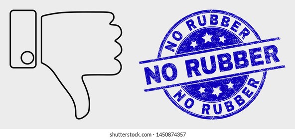 Vector linear thumb down pictogram and No Rubber seal stamp. Blue round textured seal stamp with No Rubber message. Black isolated thumb down symbol in linear style.