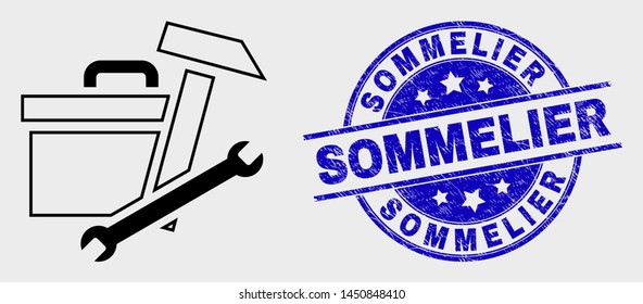 Vector linear toolbox icon and Sommelier seal stamp. Blue round textured seal stamp with Sommelier text. Black isolated toolbox pictogram in stroke style.
