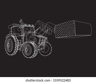 A vector linear tractor transports eco harvest. A white outline contour illustration on a black background for an agricultural or farming company producing natural products, grain, plants.