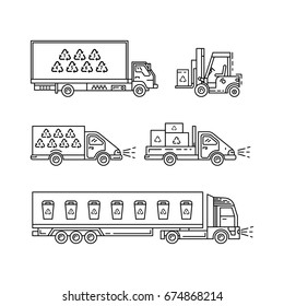 Vector linear trucks with recycling symbols. The trucks which transport waste for recycling.
