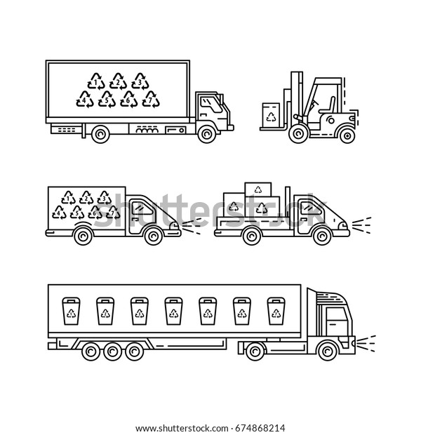 Vector linear trucks with recycling\
symbols. The trucks which transport waste for\
recycling.