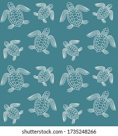 Vector linear turtle seamless pattern on blue background