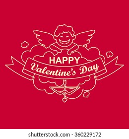 Vector linear Valentine's day card with cupid on the red background.