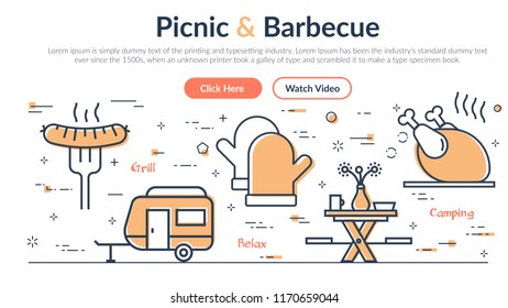 Vector linear web header about picnic and barbeque. Horizontal banner on white background with icons of grill, sausage, chicken. Two buttons - click here and watch video. Website.  