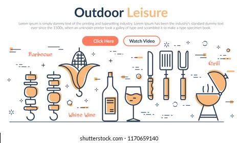 Vector linear web header about outdoor leisure. Horizontal banner on white background with icons of grill, shish kebab, wine and cutlery. Two buttons - click here and watch video. Website.