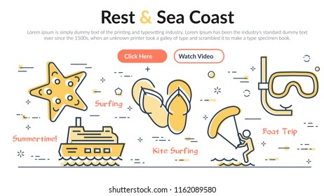Vector linear web header. REST and SEA COAST. Horizontal banner of summertime and vacation at ocean with outline icons of juice, suntan cream, diving. Two buttons - click here and watch video.  