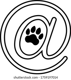 Vector linear web icon of mail symbol with dog or cat paw silhouette inside, isolated on white background