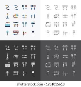 vector linear web icons set - cable wire computer and electricity plug collection of flat colour design elements.