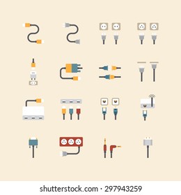 vector linear web icons set - cable wire computer and electricity plug collection of flat colour design elements.