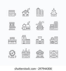 vector linear web icons set - buildings collection of flat line city design elements. 