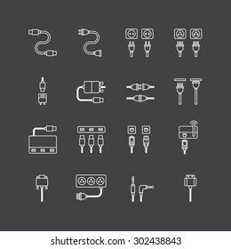vector linear web icons set - cable wire computer and electricity plug collection of flat line design elements.
