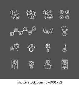 vector linear web icons set - business money currency coin concept collection of flat line design elements.