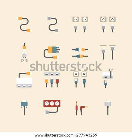 vector linear web icons set - cable wire computer and electricity plug collection of flat colour design elements.