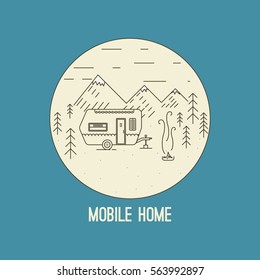 Vector linear web logo on the theme of Road trip, Adventure, Trailering, Camping, outdoor recreation, adventures in nature, vacation. Modern linear design. Road trip. SUV and trailer.