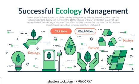 Vector linear web site header template of Successful Ecology Management. Horizontal banner on white background with outline icons of Ecology, eco system, future technology of saving esources
