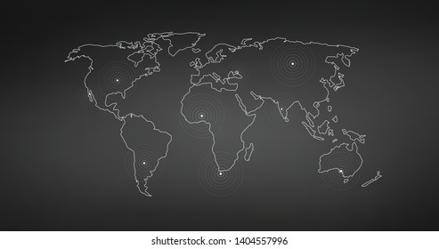 Vector Linear World Map with location radial marker, editable stroke. vector illustration isolated on white background.