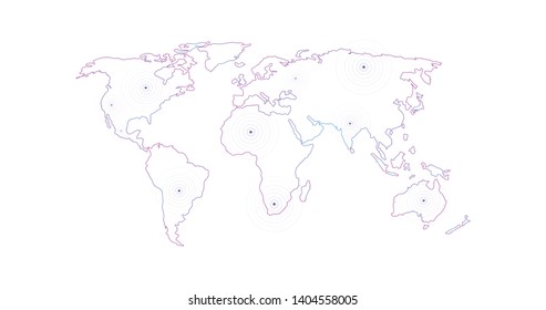 Vector Linear World Map with location radial marker, editable stroke. vector illustration isolated on white background.