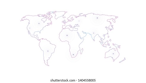 Vector Linear World Map With Location Radial Marker, Editable Stroke. Vector Illustration Isolated On White Background.