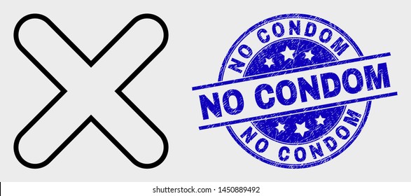 Vector linear x-cross icon and No Condom seal stamp. Blue rounded distress seal stamp with No Condom caption. Black isolated x-cross icon in stroke style.