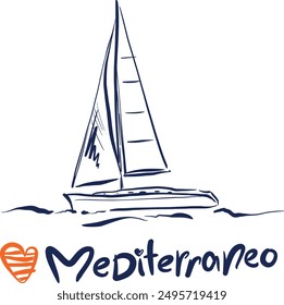 Vector linear yacht illustrations. Hand-drawn boat on the sea isolated on white background. For design, print, interior or background.