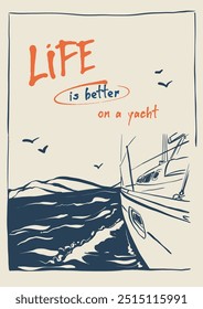 Vector linear yacht poster. Hand-drawn vintage poster with handwritten font, mountain and boat on the sea isolated on beige background. For design, print, interior or background.