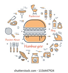 Vector linear yellow round concept of  delicious food at picnic. Illustration of hamburger in the center and various line icons - bovine meat, barbecue, grill, fried fish and chicken. Web banner