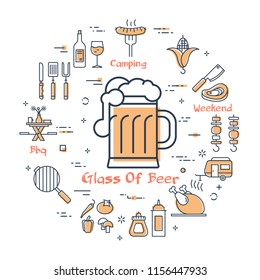 Vector linear yellow round concept of  delicious food and drink at picnic. Glass of beer in the center and various line icons - bovine meat, barbecue, grill, chicken, camping and cutler