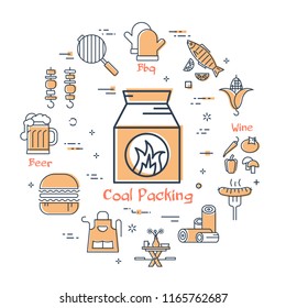Vector linear yellow round concept of grill iems. Coal packing  in the center and various linear icons beer, meat, bbq, grill, cutlery. Modern web banner on white