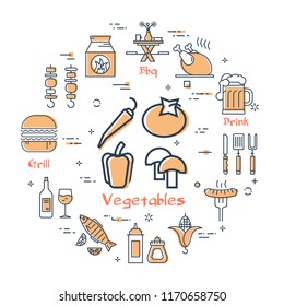Vector linear yellow round concept of GRILL. Vegetables  in the center and various linear icons - hamburger, steak, beer, chicken, woodfire. Modern web banner on white