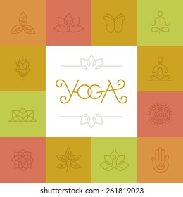 Vector linear yoga logo - icons and design elements in trendy style for spa center or yoga studio