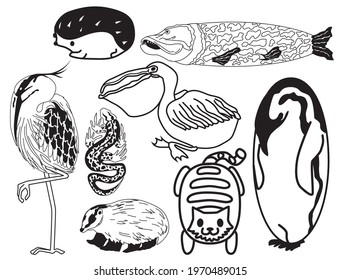 vector lineart black and white animals set