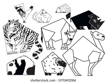 vector lineart black and white animals set
