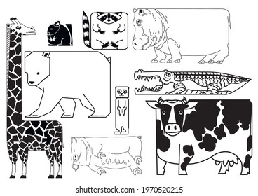 vector lineart black and white animals set