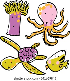 vector lineart cartoon comic doodle sea animals kids set. Fish and turtle, Marine anemone, octopus