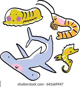 vector lineart cartoon comic doodle sea animals kids set. Fish and shrimp, hammerhead, sea cucumber, seahorse