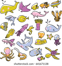 vector lineart cartoon comic doodle sea animals kids set. Fish and whale, turtle, shrimp, seahorse, marine anemone, octopus, squid, cuttlefish, shell, shark, hammerhead, jellyfish, sea cucumber