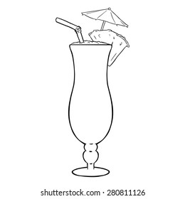 Vector Lineart Cocktail Pinot Colada with Pineapple, Umbrella and Straw.